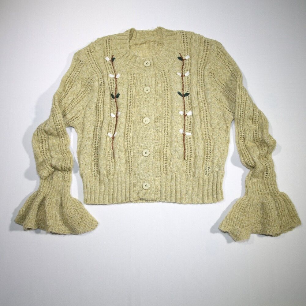 Cider Embroidered Floral Cardigan Sage Green Wool Blend Boho Cottagecore Size XL